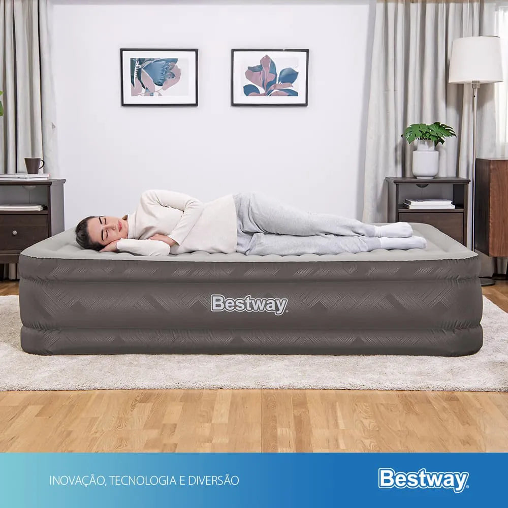 Colchão Inflável Casal Queen Fortech Com Bomba Embutida BIVOLT + Bolsa Bestway