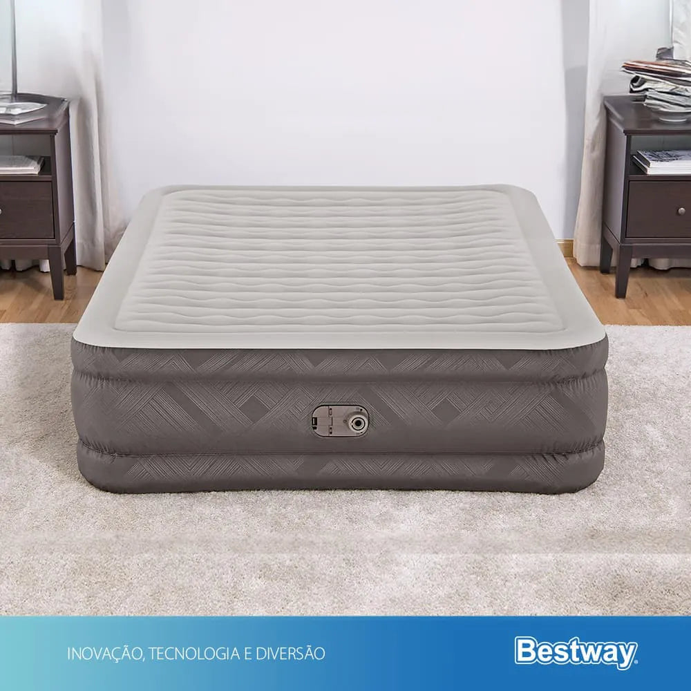 Colchão Inflável Casal Queen Fortech Com Bomba Embutida BIVOLT + Bolsa Bestway