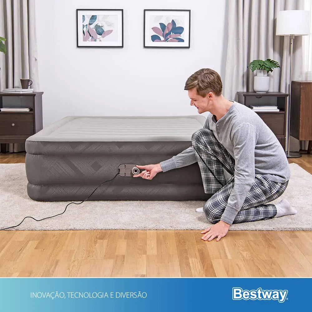 Colchão Inflável Casal Queen Fortech Com Bomba Embutida BIVOLT + Bolsa Bestway