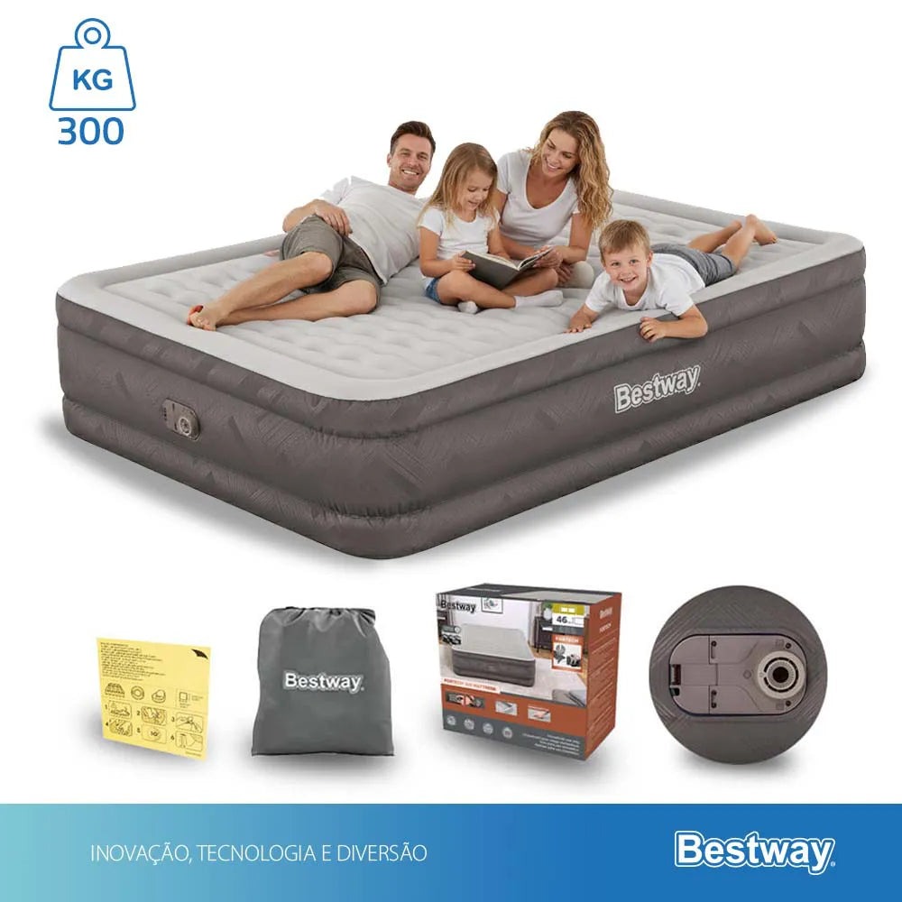 Colchão Inflável Casal Queen Fortech Com Bomba Embutida BIVOLT + Bolsa Bestway