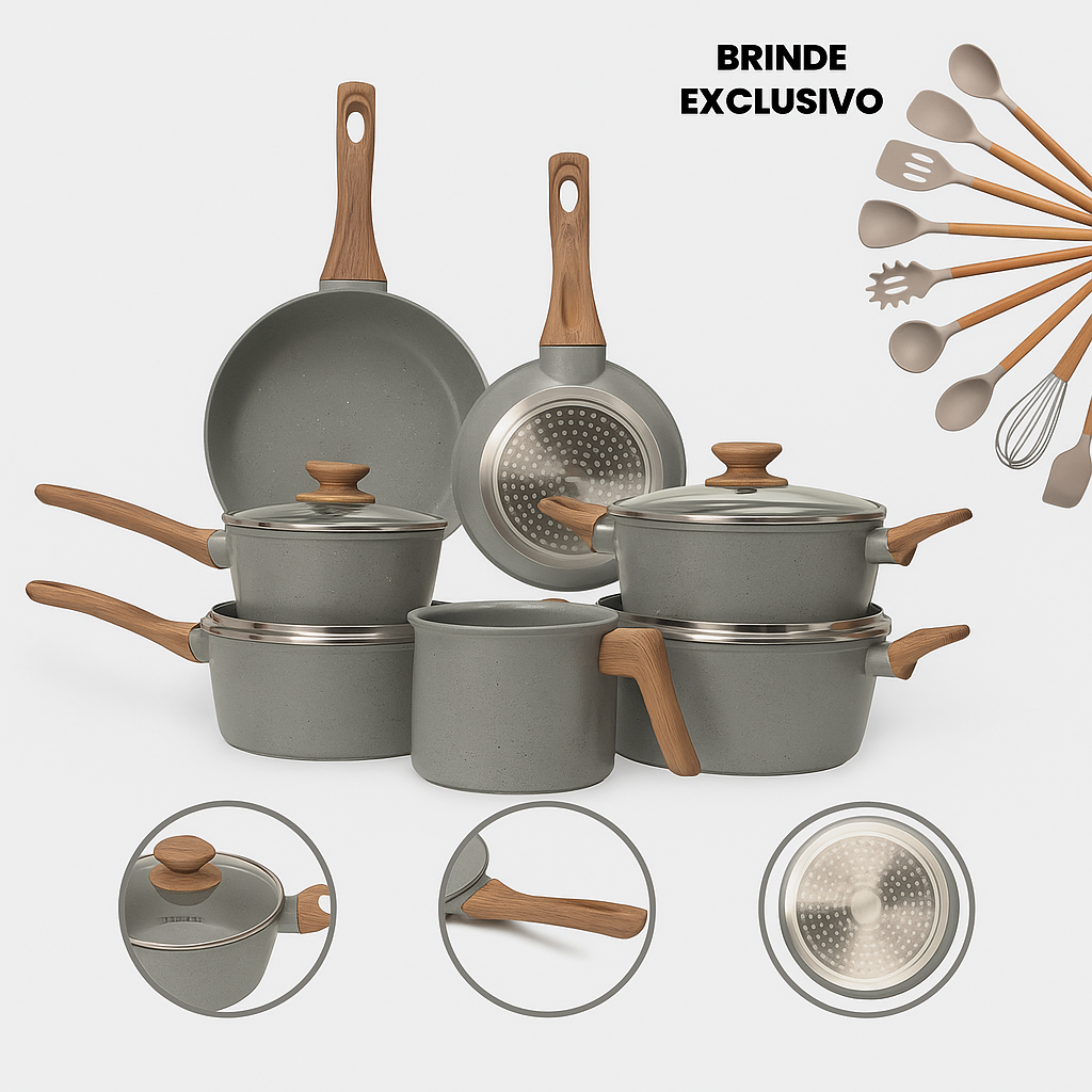 Kit Cozinha dos Sonhos: 9 Panelas Ceramica + 13 Utensílios de Brinde