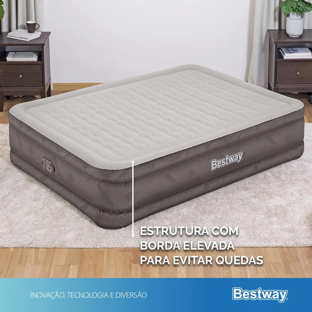 Colchão Inflável Casal Queen Fortech Com Bomba Embutida BIVOLT + Bolsa Bestway