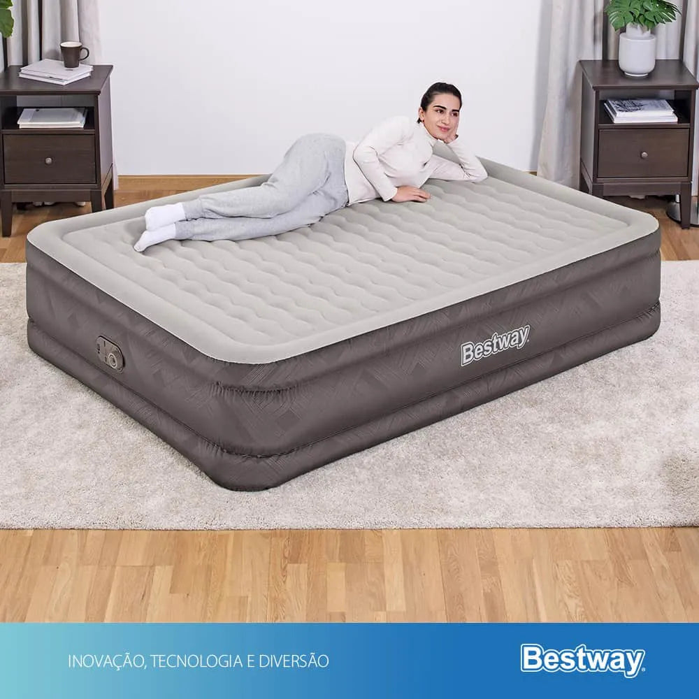 Colchão Inflável Casal Queen Fortech Com Bomba Embutida BIVOLT + Bolsa Bestway