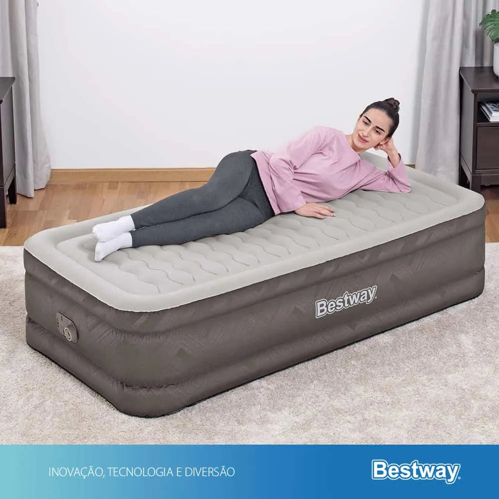 Colchão Inflável Solteiro Twin Fortech Plus + Bomba Embutida + Bolsa Bestway - BIVOLT