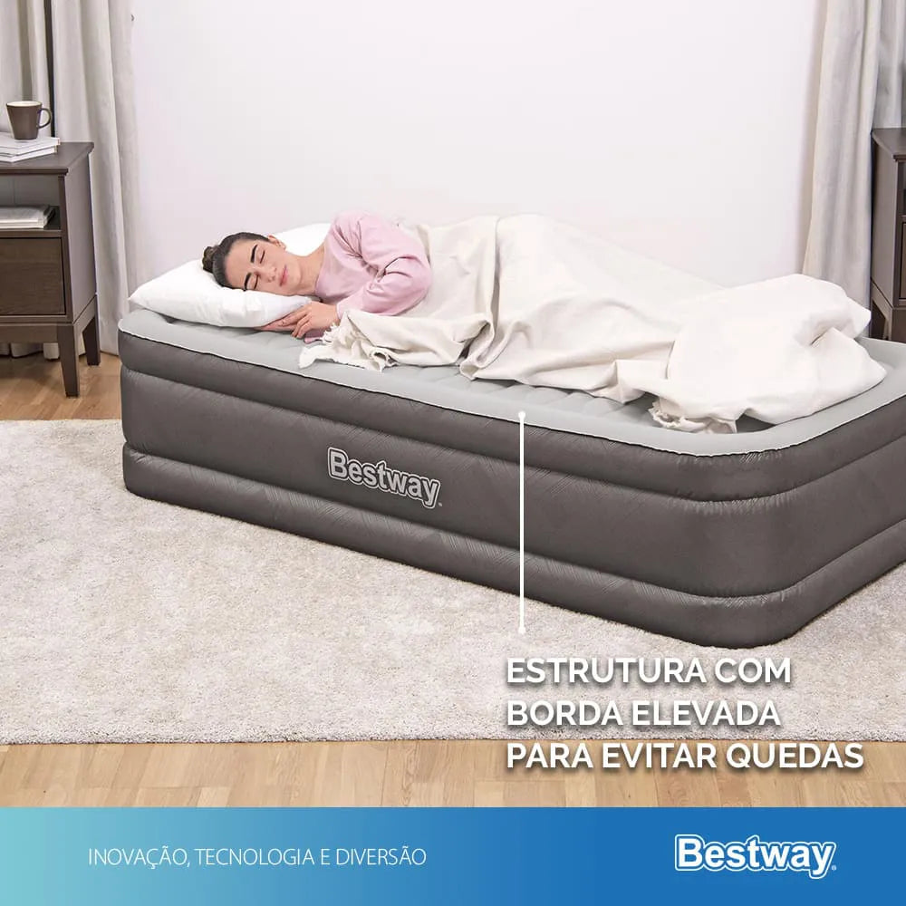 Colchão Inflável Solteiro Twin Fortech Plus + Bomba Embutida + Bolsa Bestway - BIVOLT